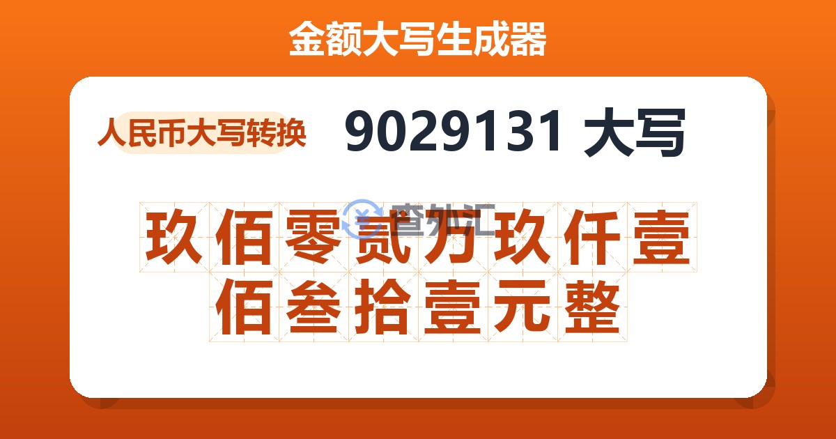 9029131大写 玖佰零贰万玖仟壹佰叁拾壹元整