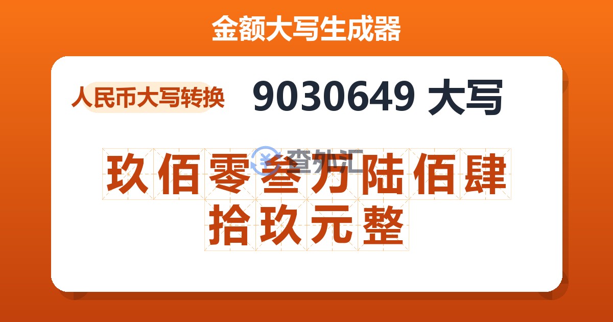 9030649大写 玖佰零叁万陆佰肆拾玖元整