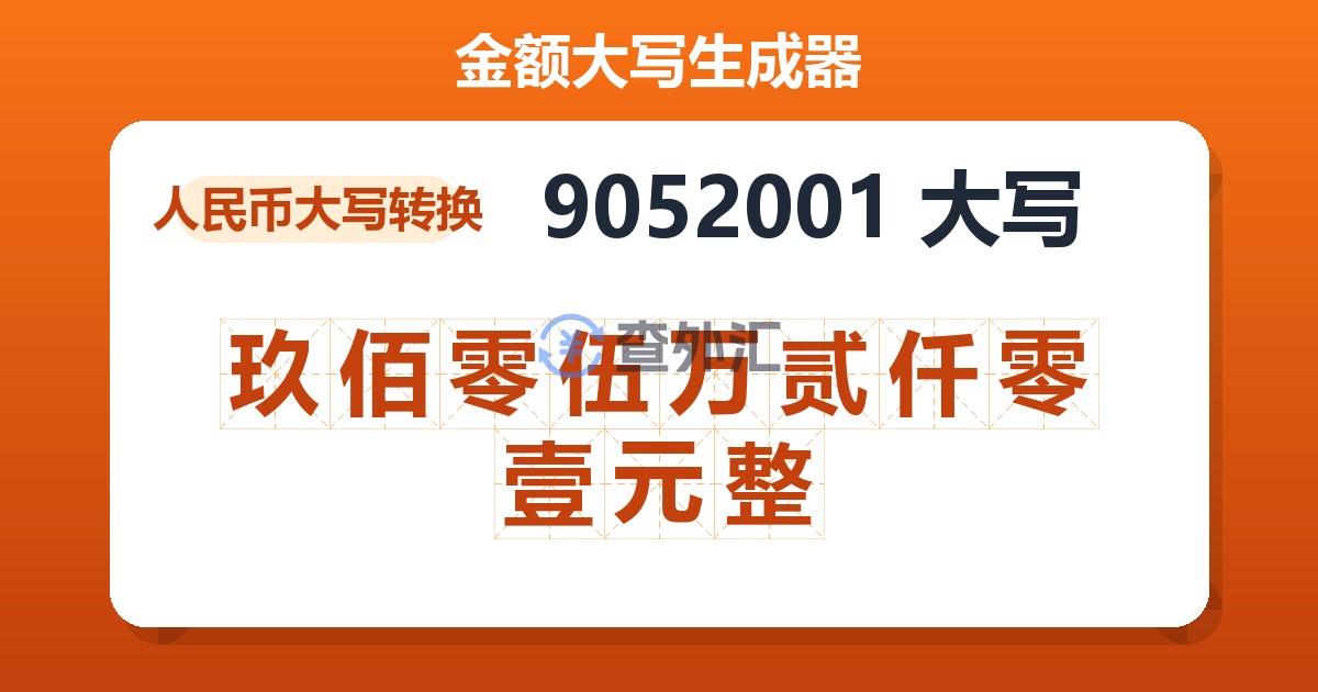 9052001大写 玖佰零伍万贰仟零壹元整