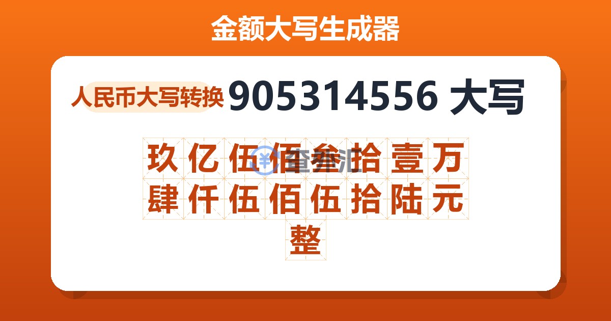 905314556大写 玖亿伍佰叁拾壹万肆仟伍佰伍拾陆元整
