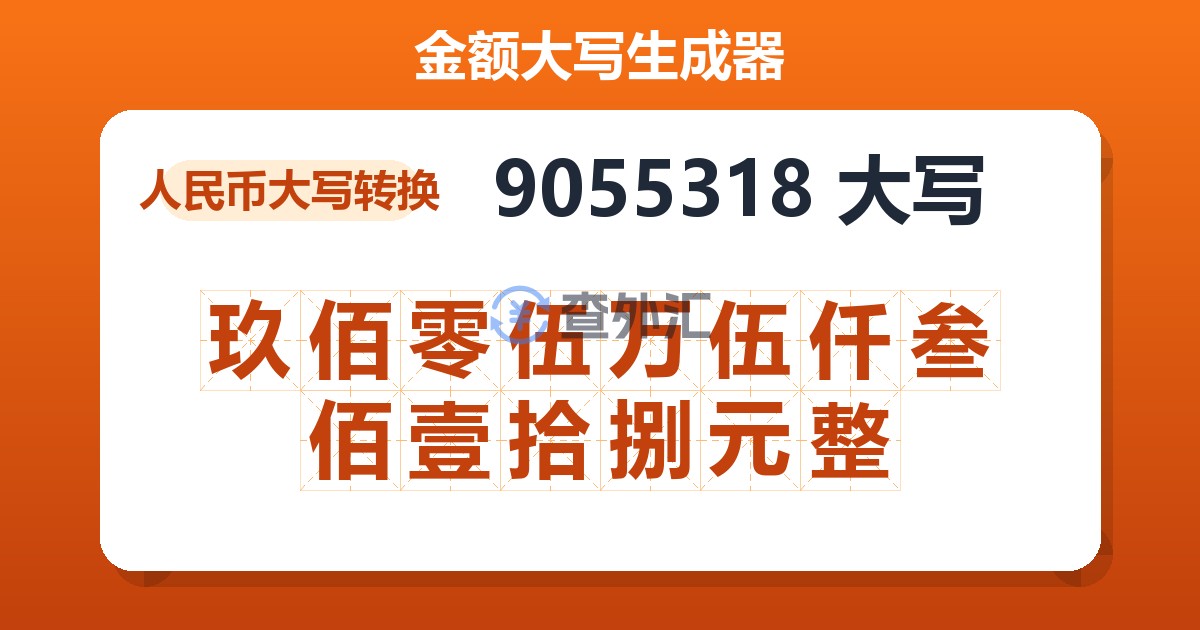 9055318大写 玖佰零伍万伍仟叁佰壹拾捌元整