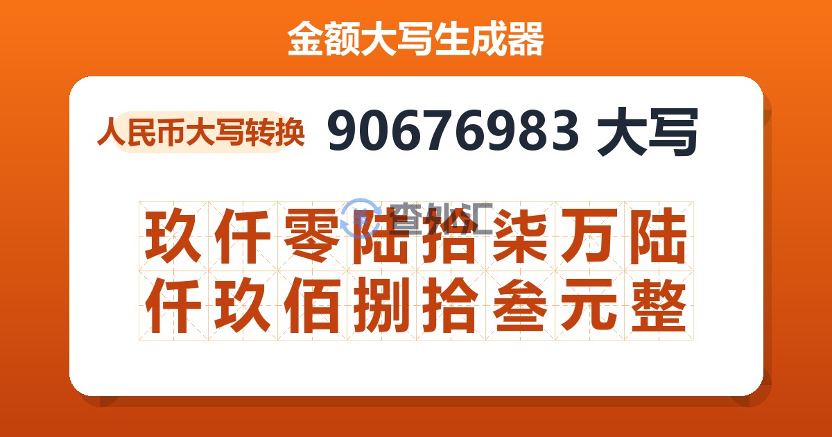 90676983大写 玖仟零陆拾柒万陆仟玖佰捌拾叁元整