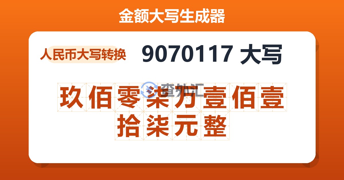 9070117大写 玖佰零柒万壹佰壹拾柒元整