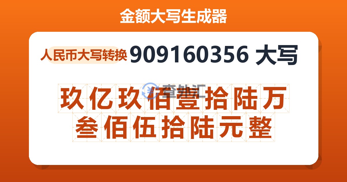 909160356大写 玖亿玖佰壹拾陆万叁佰伍拾陆元整