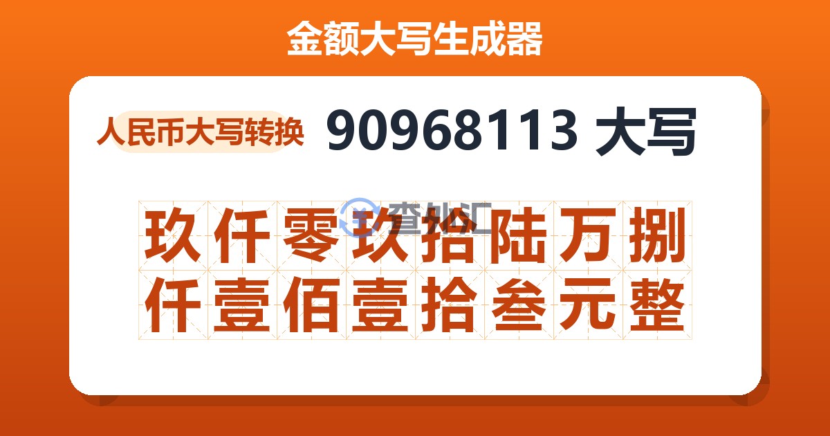 90968113大写 玖仟零玖拾陆万捌仟壹佰壹拾叁元整