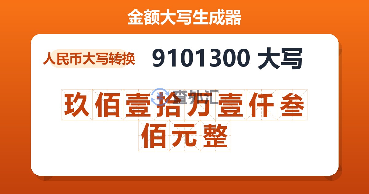 9101300大写 玖佰壹拾万壹仟叁佰元整