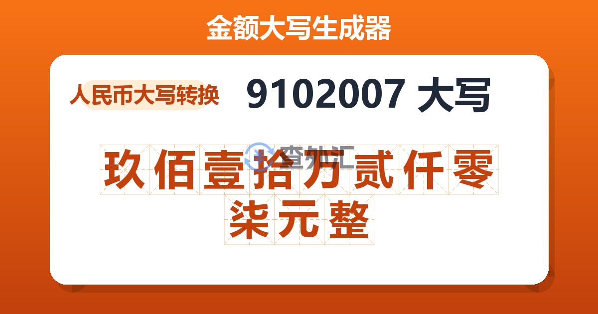 9102007大写 玖佰壹拾万贰仟零柒元整