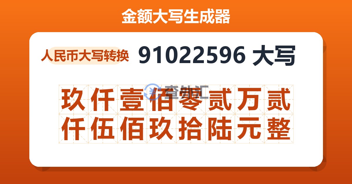 91022596大写 玖仟壹佰零贰万贰仟伍佰玖拾陆元整