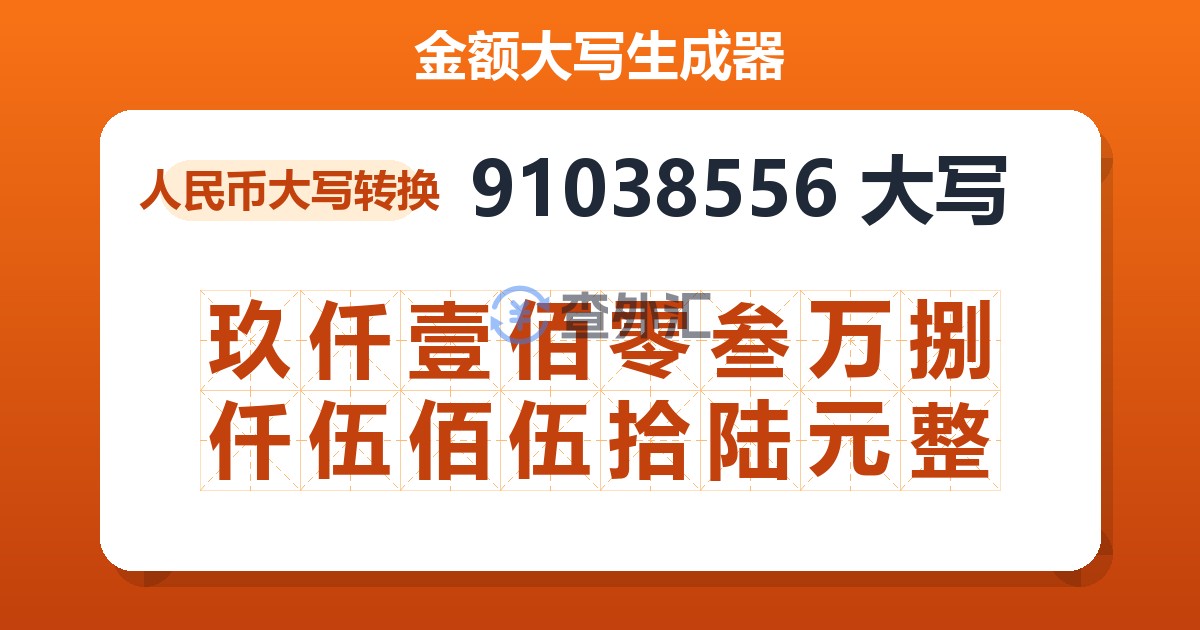 91038556大写 玖仟壹佰零叁万捌仟伍佰伍拾陆元整