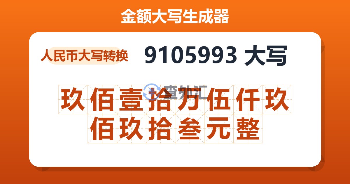 9105993大写 玖佰壹拾万伍仟玖佰玖拾叁元整