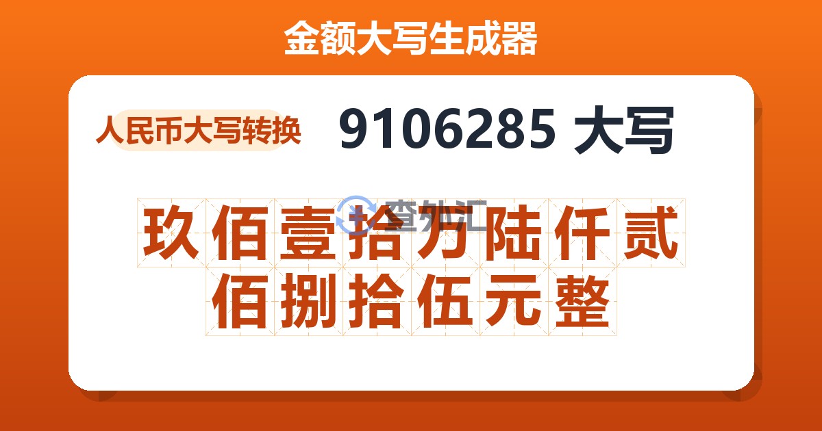 9106285大写 玖佰壹拾万陆仟贰佰捌拾伍元整