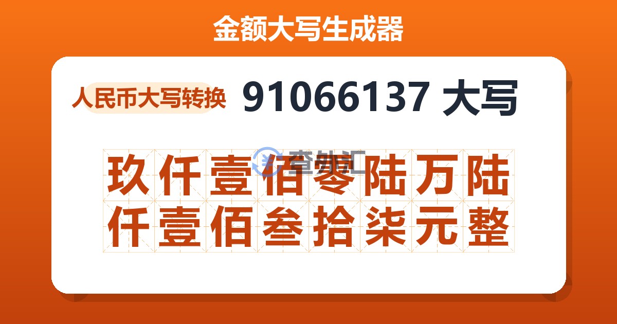 91066137大写 玖仟壹佰零陆万陆仟壹佰叁拾柒元整