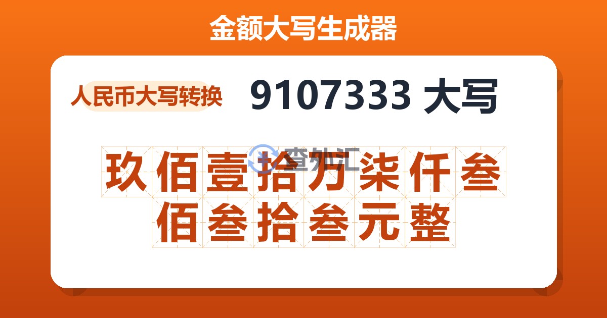 9107333大写 玖佰壹拾万柒仟叁佰叁拾叁元整