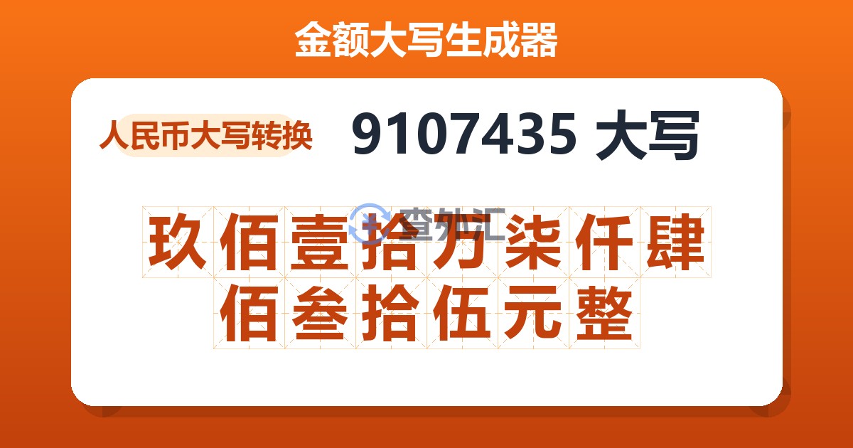 9107435大写 玖佰壹拾万柒仟肆佰叁拾伍元整