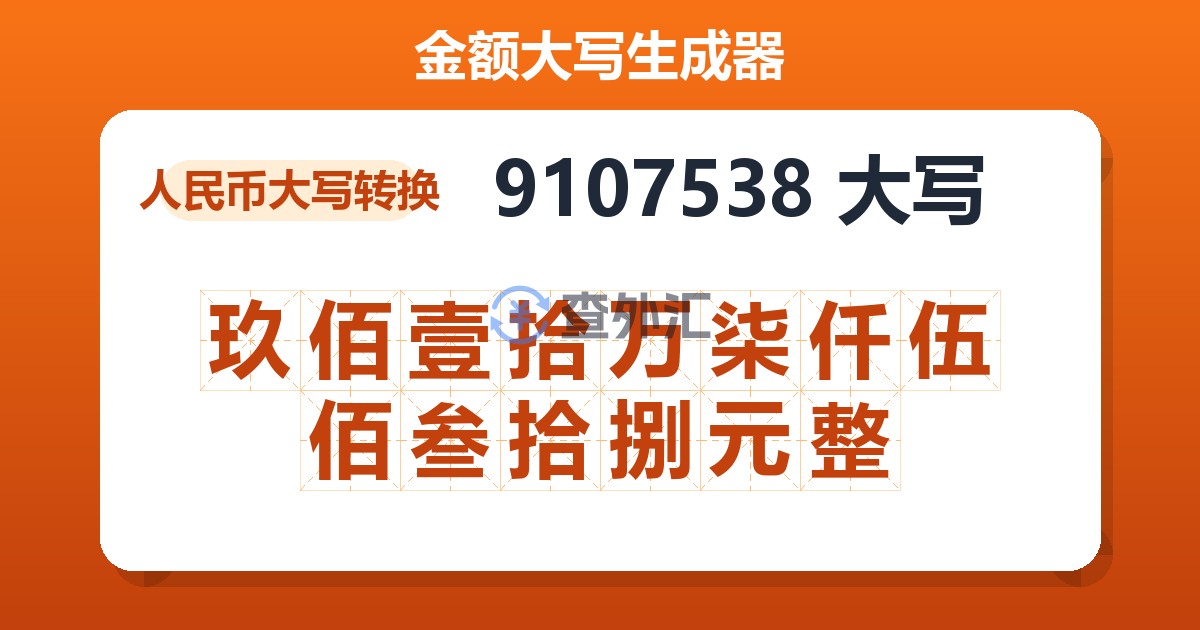 9107538大写 玖佰壹拾万柒仟伍佰叁拾捌元整