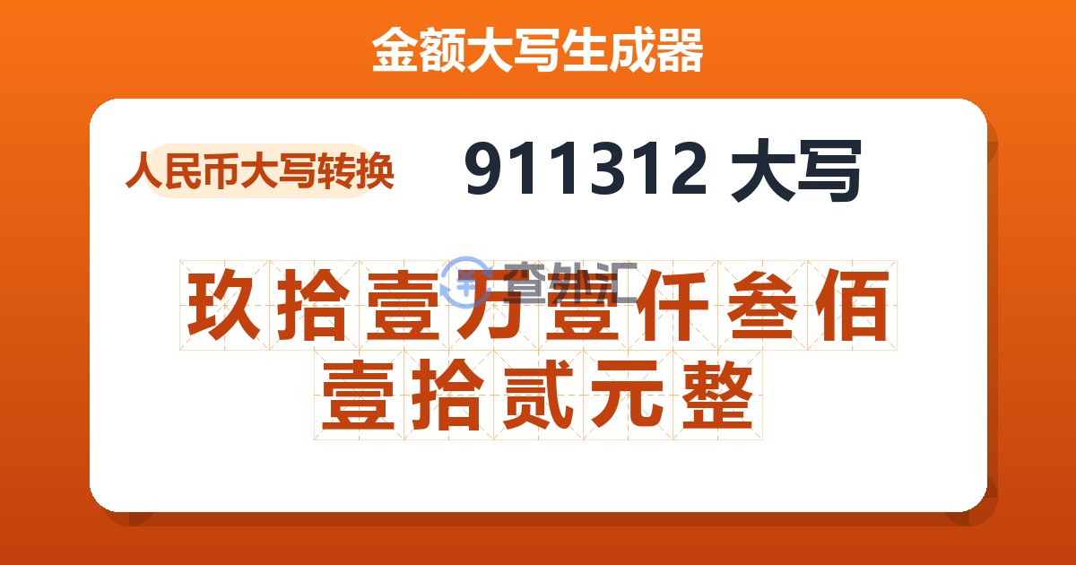 911312大写 玖拾壹万壹仟叁佰壹拾贰元整