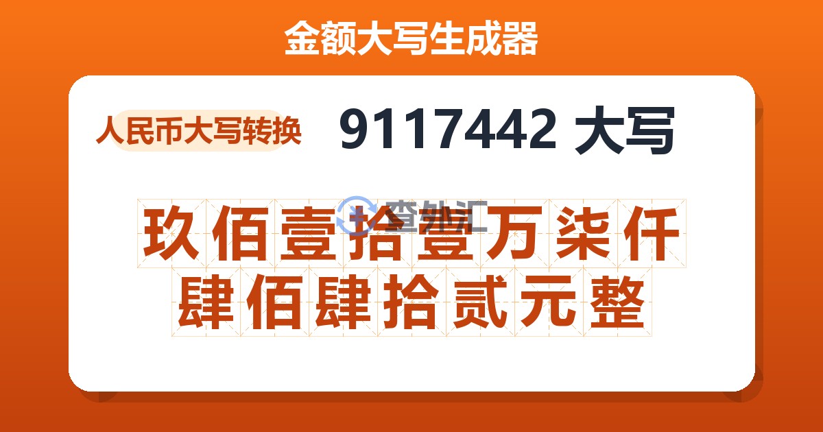 9117442大写 玖佰壹拾壹万柒仟肆佰肆拾贰元整