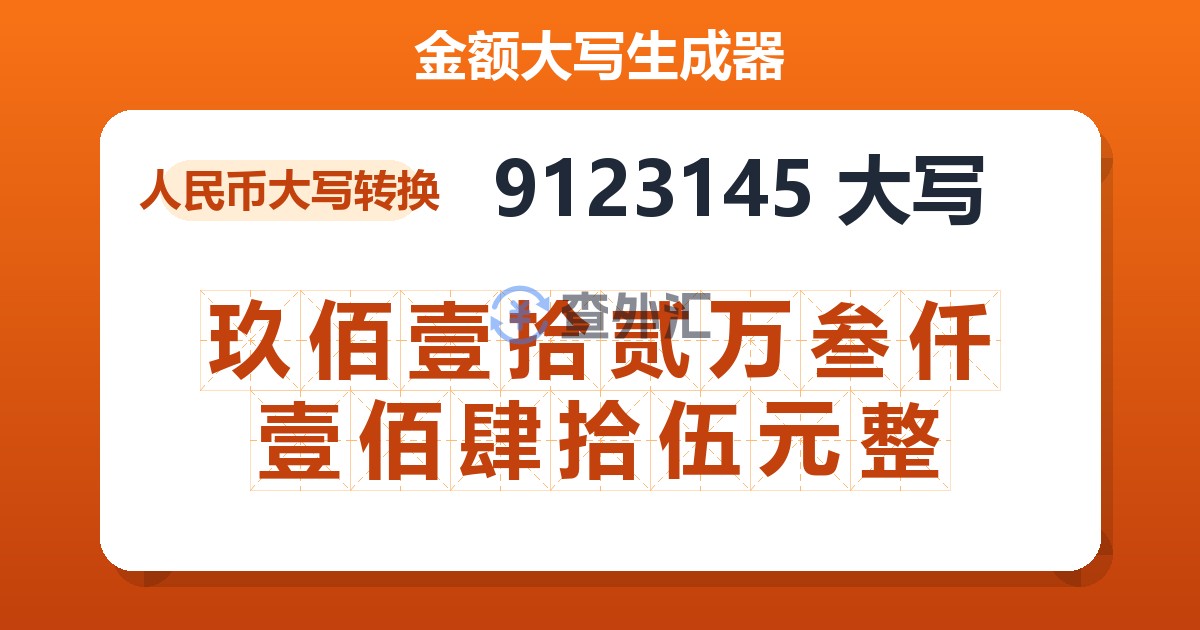 9123145大写 玖佰壹拾贰万叁仟壹佰肆拾伍元整