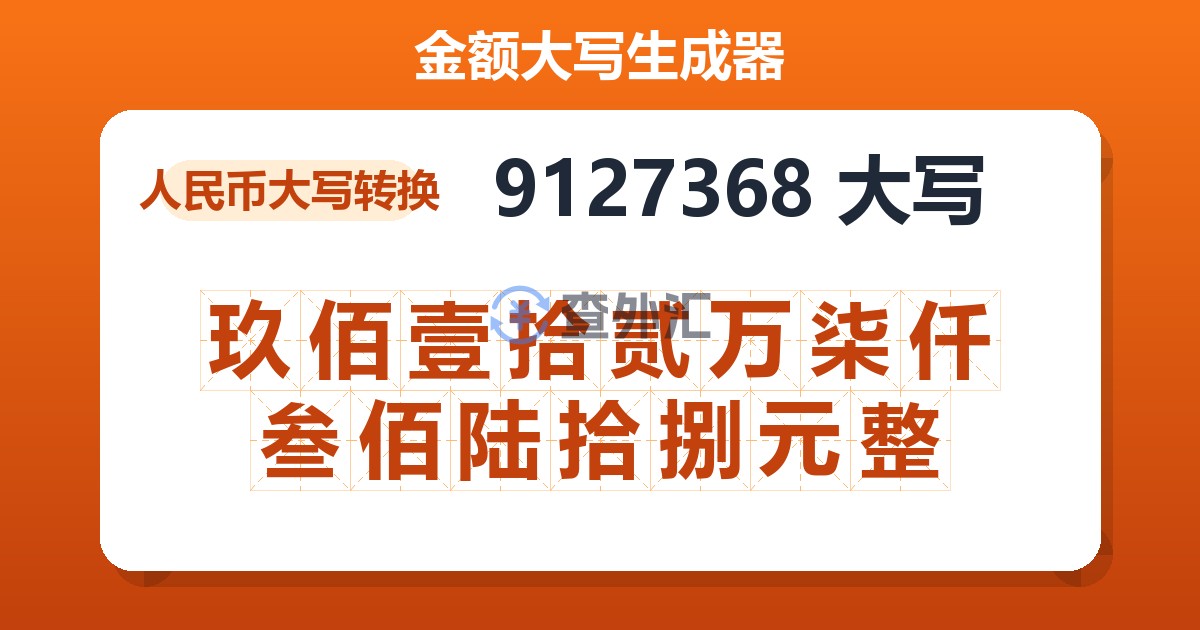 9127368大写 玖佰壹拾贰万柒仟叁佰陆拾捌元整