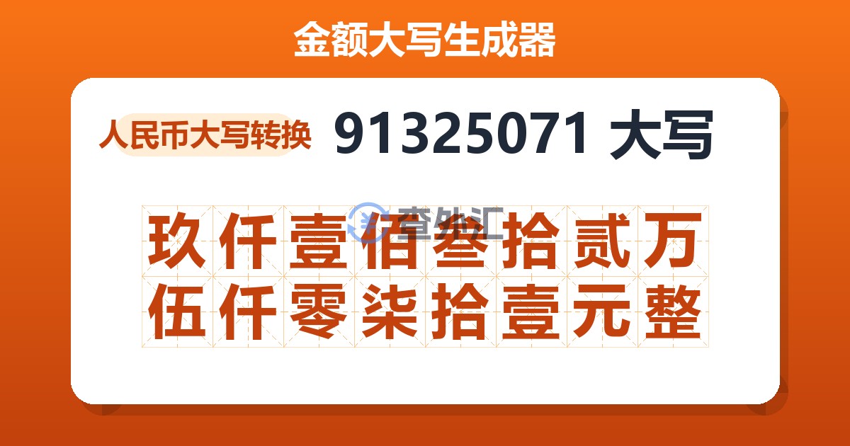 91325071大写 玖仟壹佰叁拾贰万伍仟零柒拾壹元整