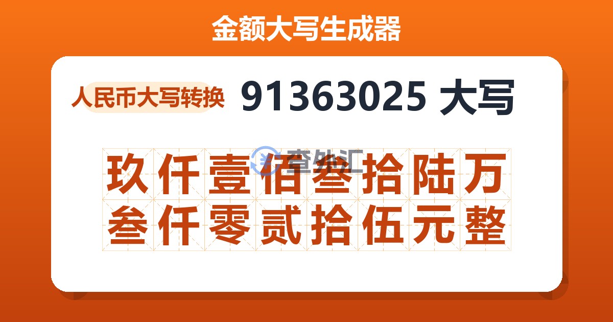 91363025大写 玖仟壹佰叁拾陆万叁仟零贰拾伍元整