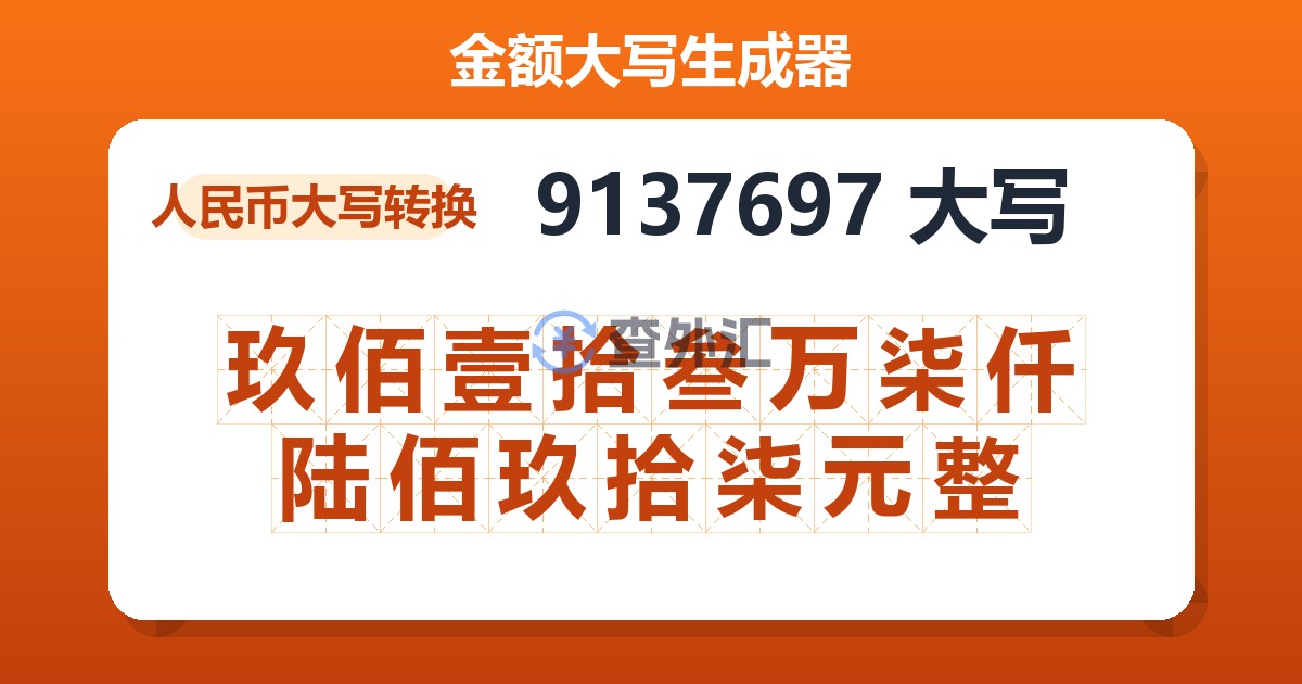 9137697大写 玖佰壹拾叁万柒仟陆佰玖拾柒元整