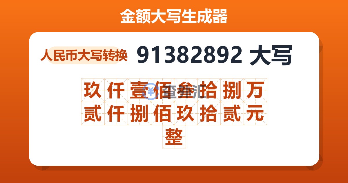 91382892大写 玖仟壹佰叁拾捌万贰仟捌佰玖拾贰元整