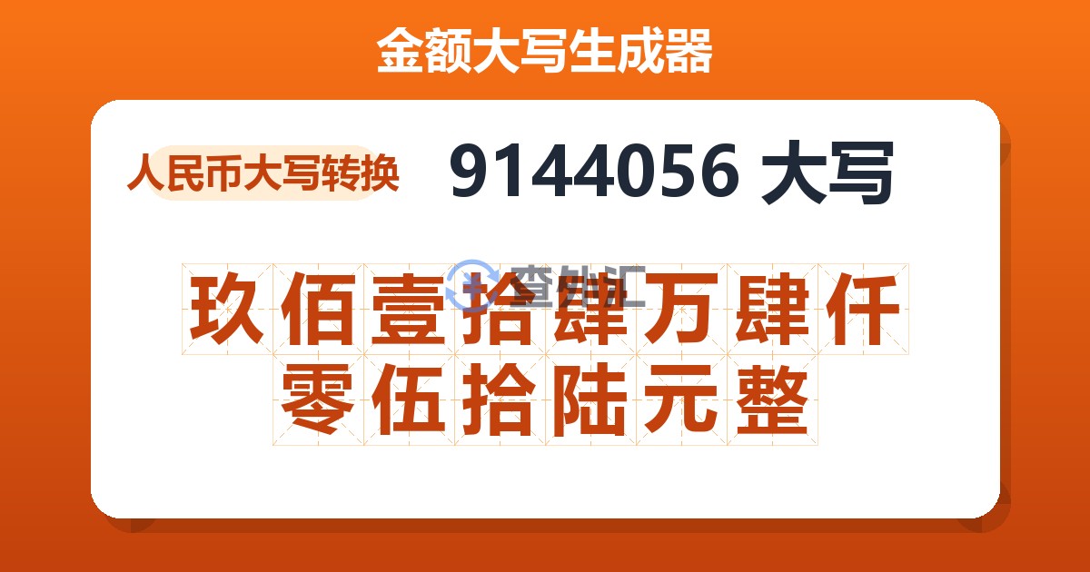 9144056大写 玖佰壹拾肆万肆仟零伍拾陆元整