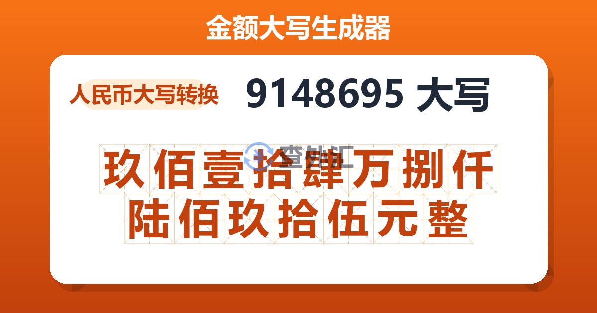 9148695大写 玖佰壹拾肆万捌仟陆佰玖拾伍元整