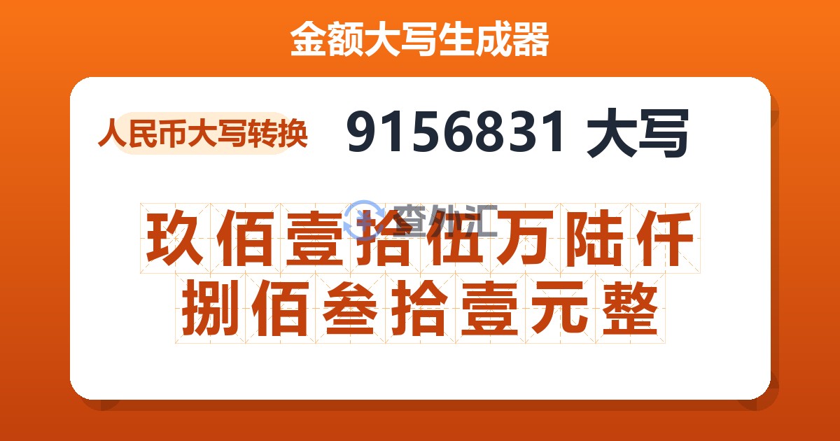 9156831大写 玖佰壹拾伍万陆仟捌佰叁拾壹元整