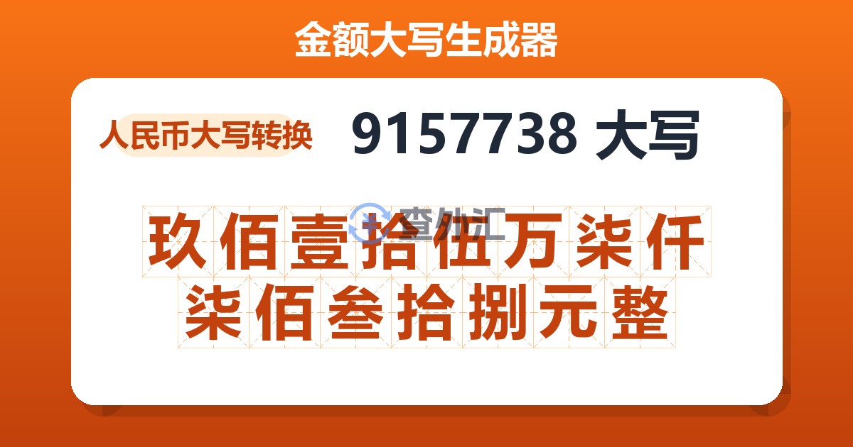 9157738大写 玖佰壹拾伍万柒仟柒佰叁拾捌元整