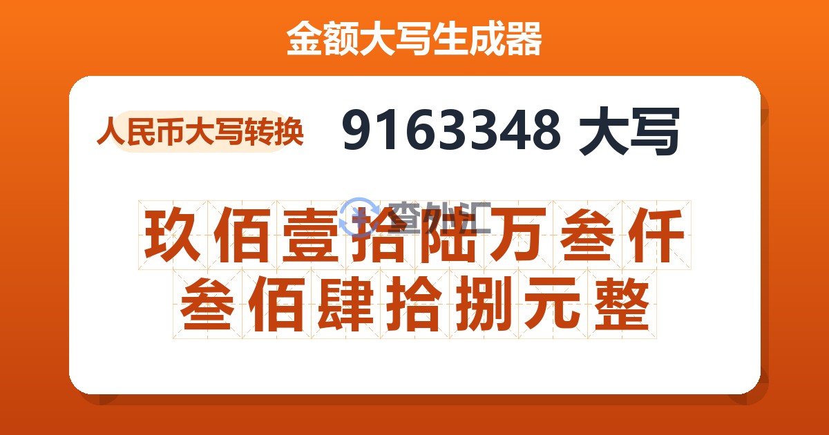 9163348大写 玖佰壹拾陆万叁仟叁佰肆拾捌元整