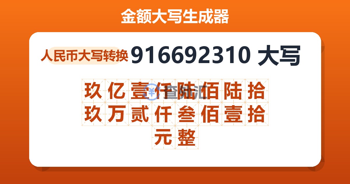 916692310大写 玖亿壹仟陆佰陆拾玖万贰仟叁佰壹拾元整