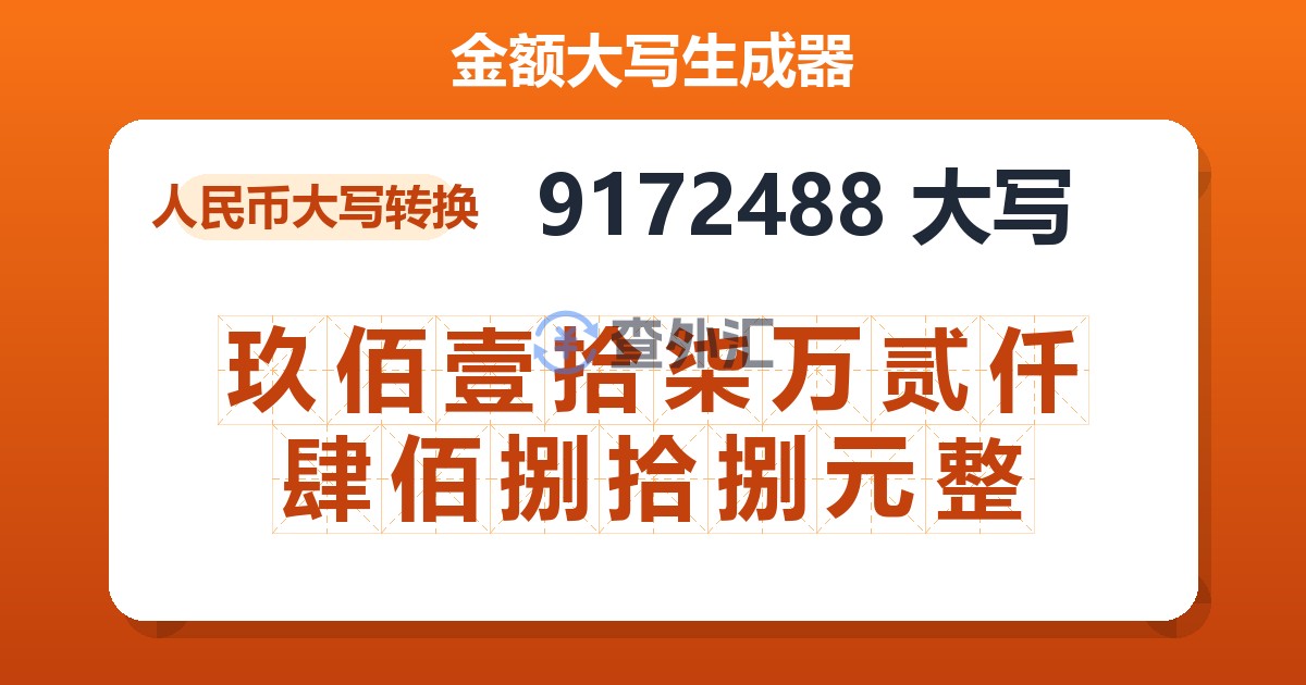 9172488大写 玖佰壹拾柒万贰仟肆佰捌拾捌元整