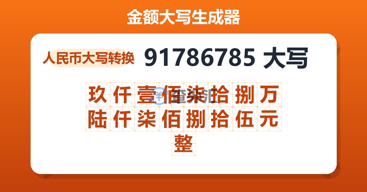 91786785大写 玖仟壹佰柒拾捌万陆仟柒佰捌拾伍元整