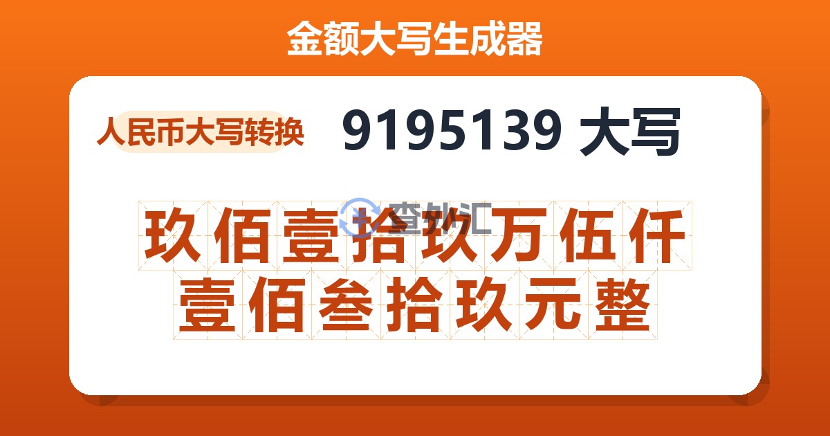 9195139大写 玖佰壹拾玖万伍仟壹佰叁拾玖元整