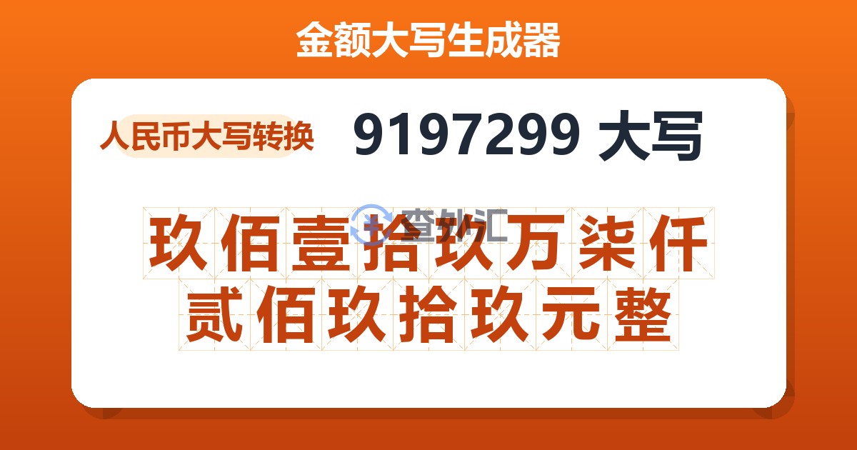 9197299大写 玖佰壹拾玖万柒仟贰佰玖拾玖元整