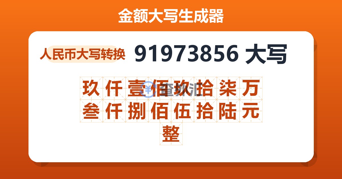91973856大写 玖仟壹佰玖拾柒万叁仟捌佰伍拾陆元整