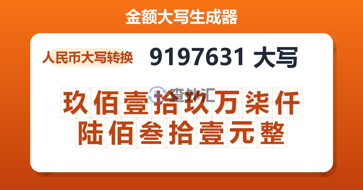 9197631大写 玖佰壹拾玖万柒仟陆佰叁拾壹元整