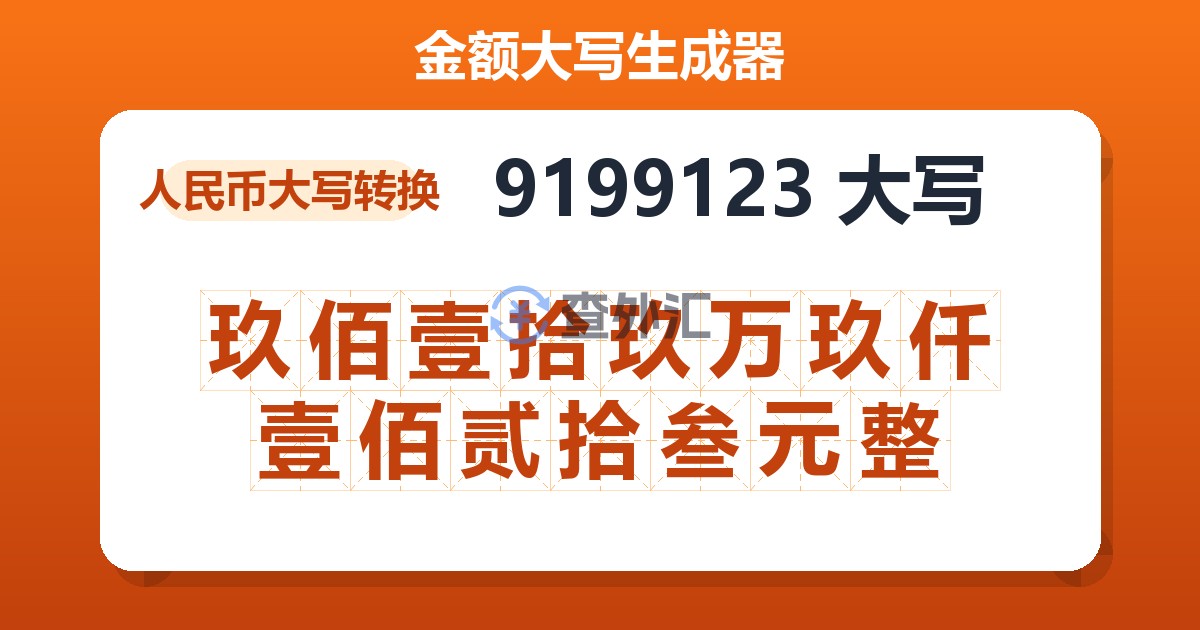 9199123大写 玖佰壹拾玖万玖仟壹佰贰拾叁元整