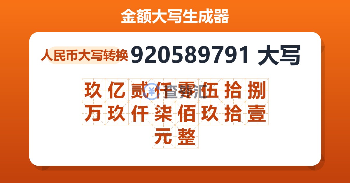 920589791大写 玖亿贰仟零伍拾捌万玖仟柒佰玖拾壹元整