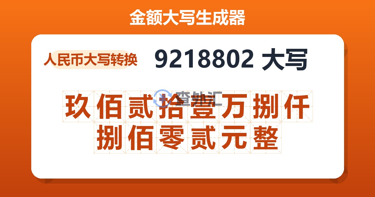 9218802大写 玖佰贰拾壹万捌仟捌佰零贰元整