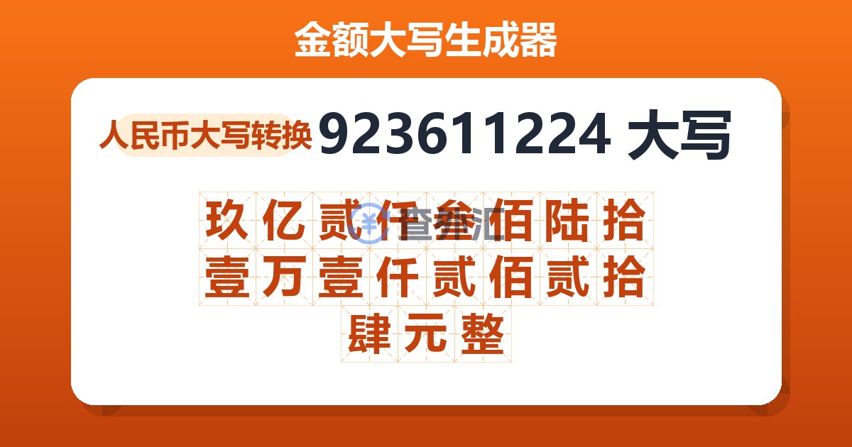 923611224大写 玖亿贰仟叁佰陆拾壹万壹仟贰佰贰拾肆元整