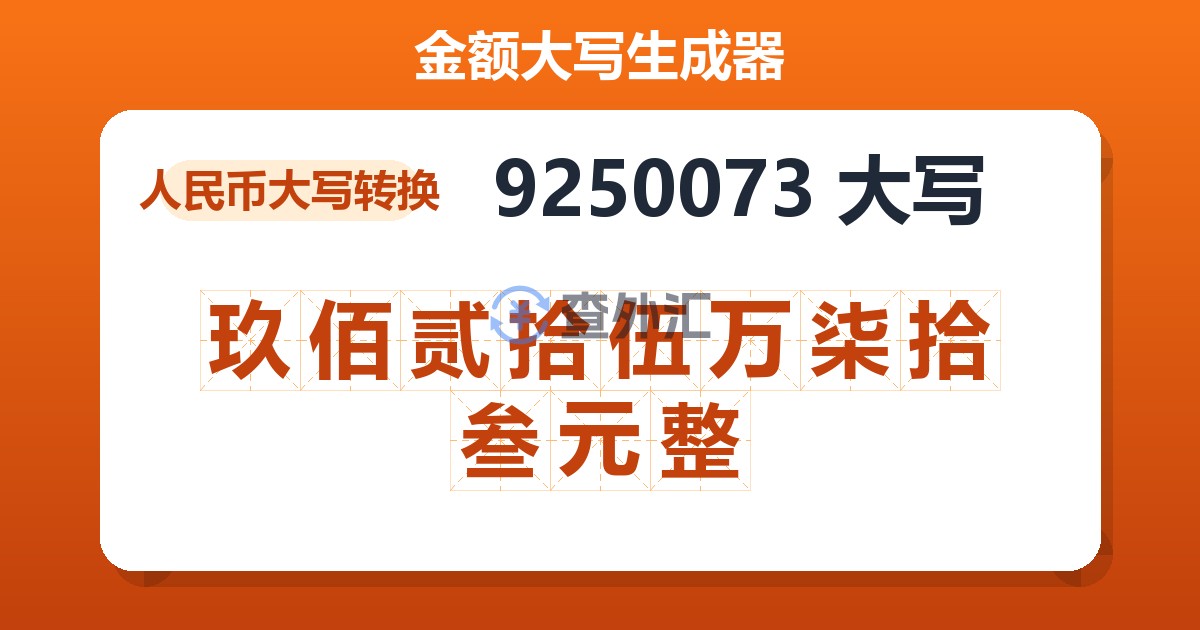 9250073大写 玖佰贰拾伍万柒拾叁元整