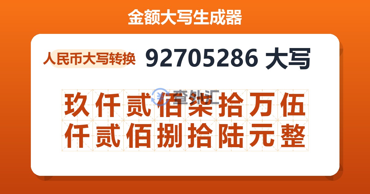 92705286大写 玖仟贰佰柒拾万伍仟贰佰捌拾陆元整