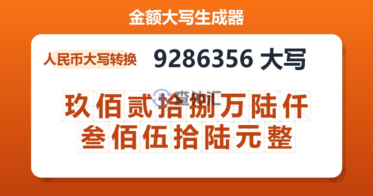 9286356大写 玖佰贰拾捌万陆仟叁佰伍拾陆元整