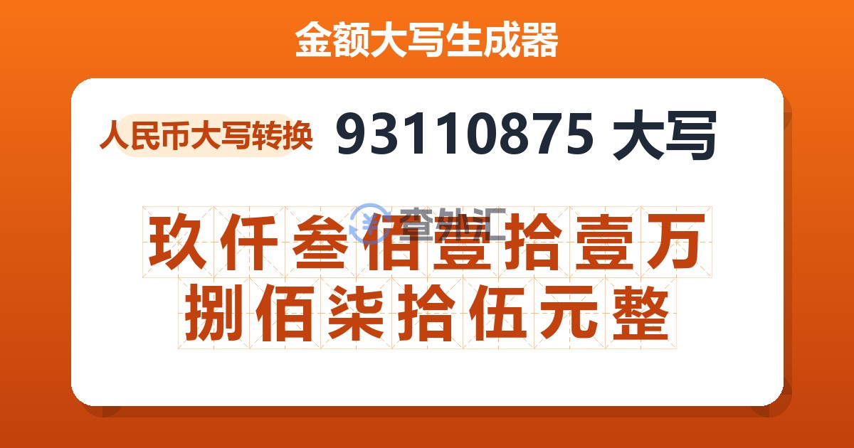 93110875大写 玖仟叁佰壹拾壹万捌佰柒拾伍元整