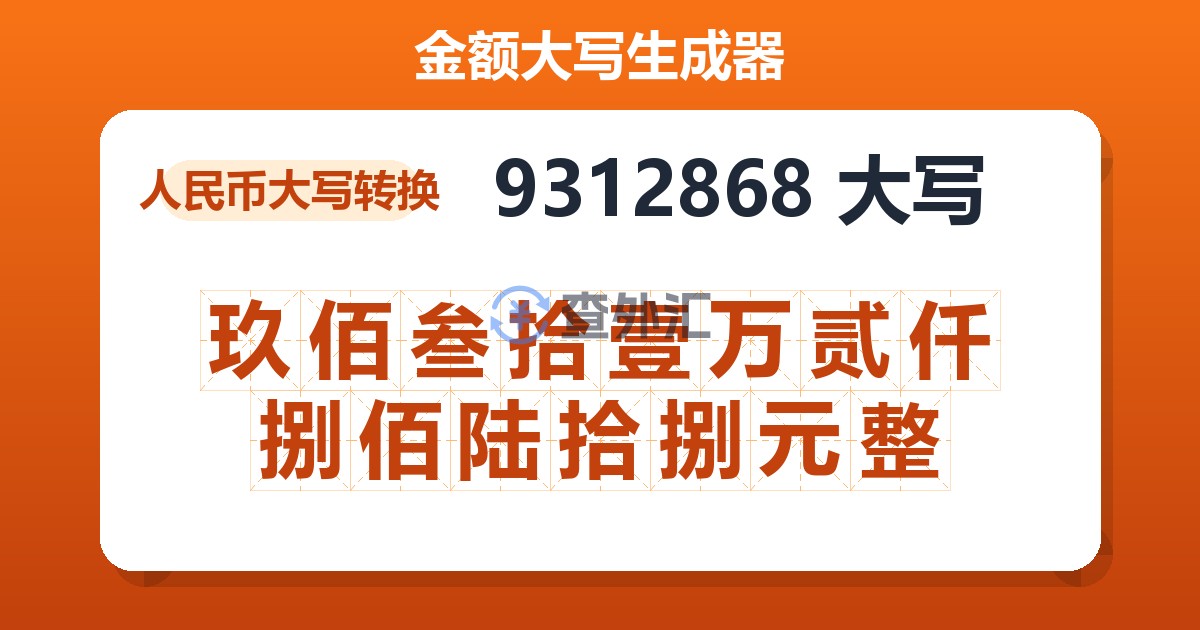 9312868大写 玖佰叁拾壹万贰仟捌佰陆拾捌元整