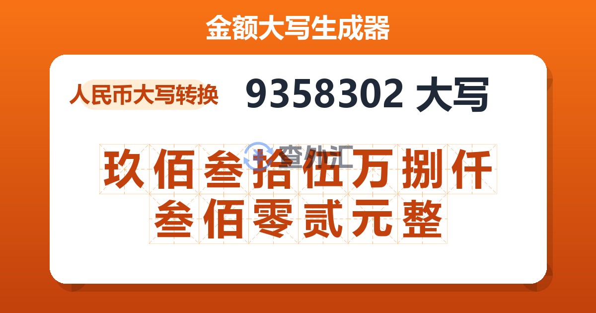 9358302大写 玖佰叁拾伍万捌仟叁佰零贰元整