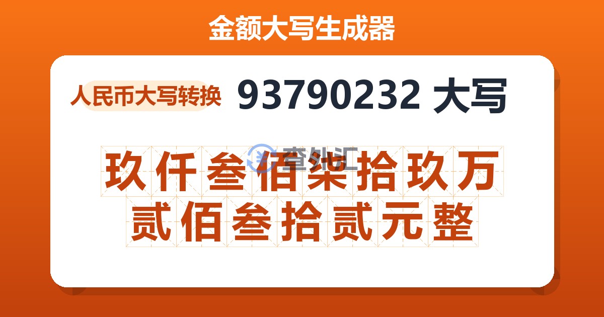 93790232大写 玖仟叁佰柒拾玖万贰佰叁拾贰元整